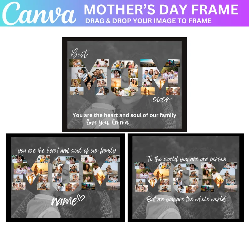 03 Mama Photo Collage, Mommy Canva Frame Template, Mother Day Gift, Mom Photo Frame, Drag and Drop, Best Mom in the World, Edit In Canva,Pdf