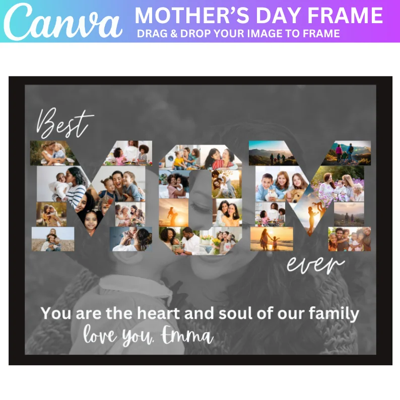 01 Mom Photo Collage, Mommy Canva Frame Template, Mother Day Gift, Mom Photo Frame, Drag and Drop, Best Mom in the World, Edit In Canva,Pdf