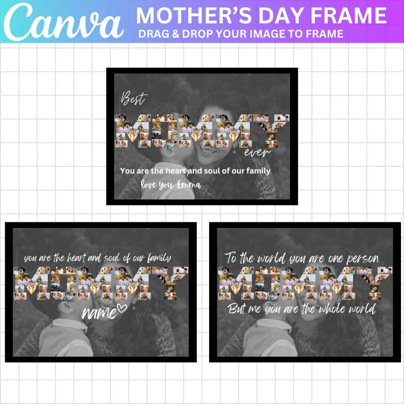 03 Mommy Photo Collage, Mommy Canva Frame Template, Mother Day Gift, Mom Photo Frame, Drag and Drop, Best Mom in the World, Edit In Canva,Pdf