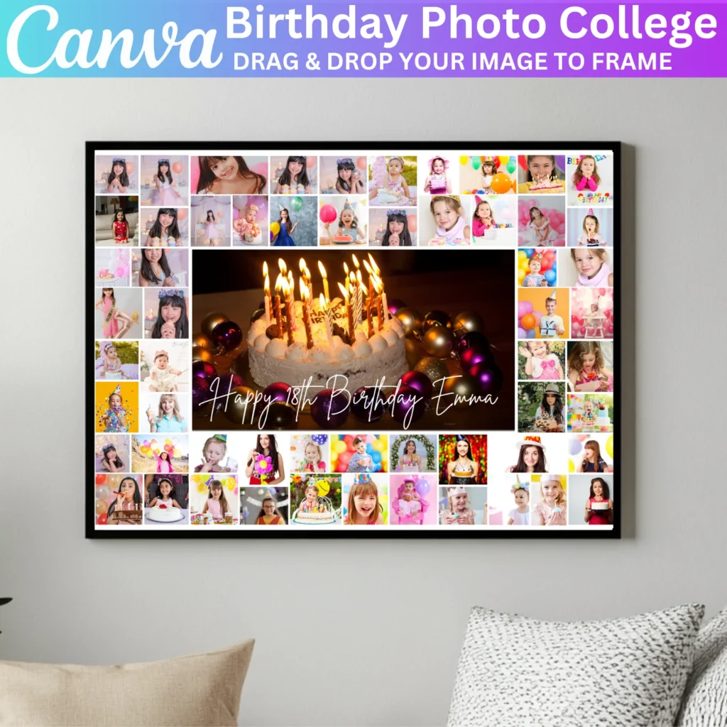 01 Happy Birthday Photo Collage Canva Frame Template, Canva Editable Frame, Printable Frame, Happy Birthday Template, Digital