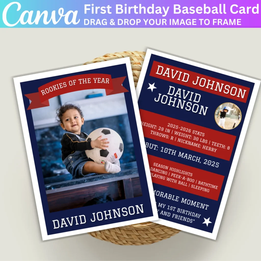 02 First Birthday Baseball Player Card Canva Template, Editable Baseball Party Invitation, Rookie of the Year 1st Birthday, Baseball Birthday