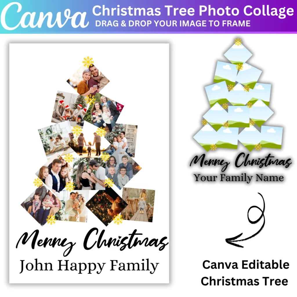 01 Christmas Family Tree Card Canva Template, Christmas tree Photo Collage, Christmas Holiday Card Photo Collage, Modern Minimalist Card