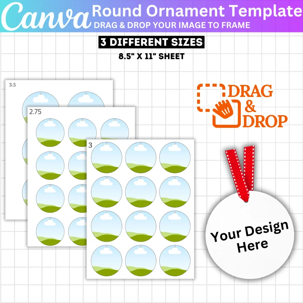3 Round Ornament Canva Editable Template, Circle Sublimation Template, Christmas Ornament, Gift Tag Drag & Drop Template, Digital Download