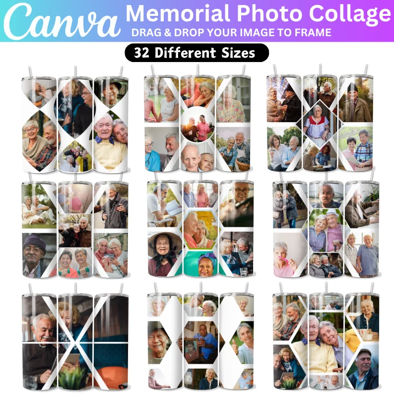 32 Memorial Photo Collage Canva Editable Tumbler, Add Your Own Photo, Funeral Tumbler Wrap Own Photo Self Editable Tumbler, Digital Download