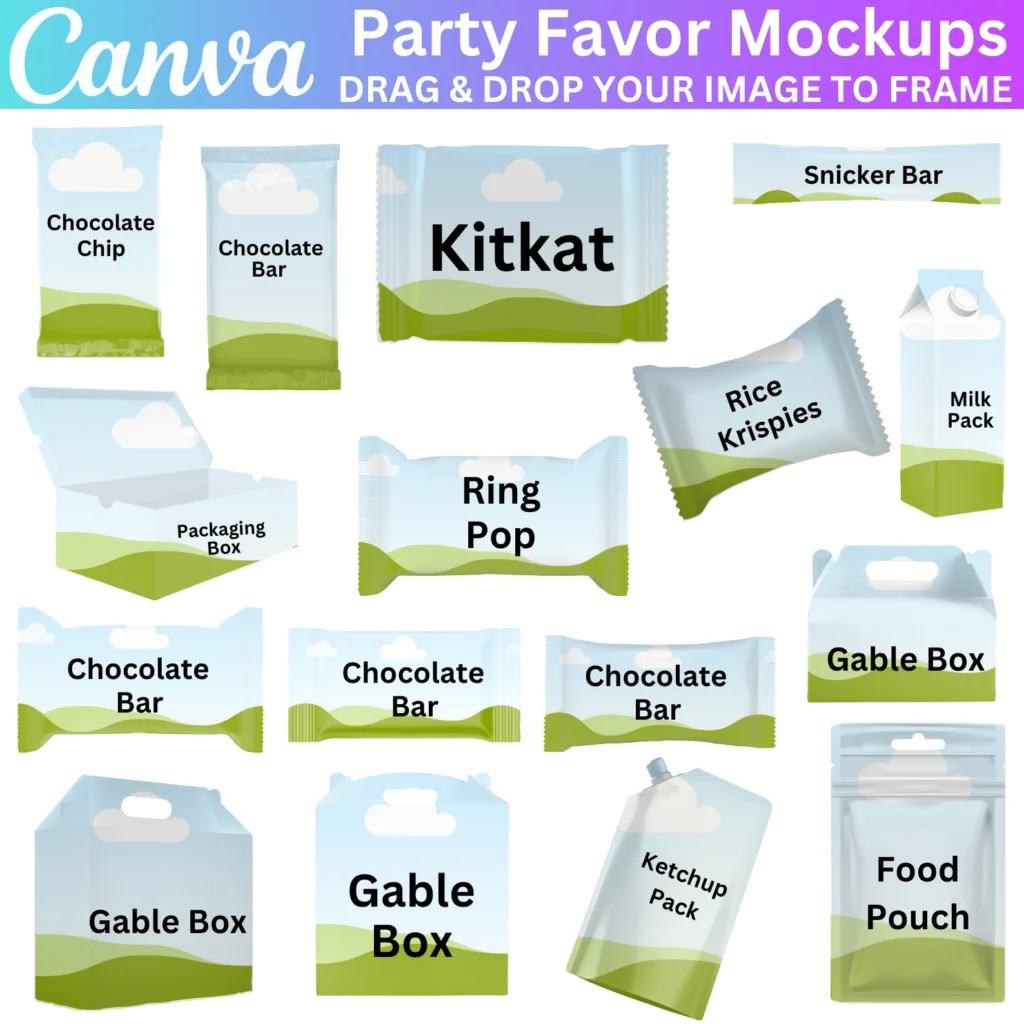 30 Party Favors Canva Editable Template Bundle, Party Favor Mockups, Chocolate Bar, Chip Bag, Water Bottle Label, Gable Box, Party Favor