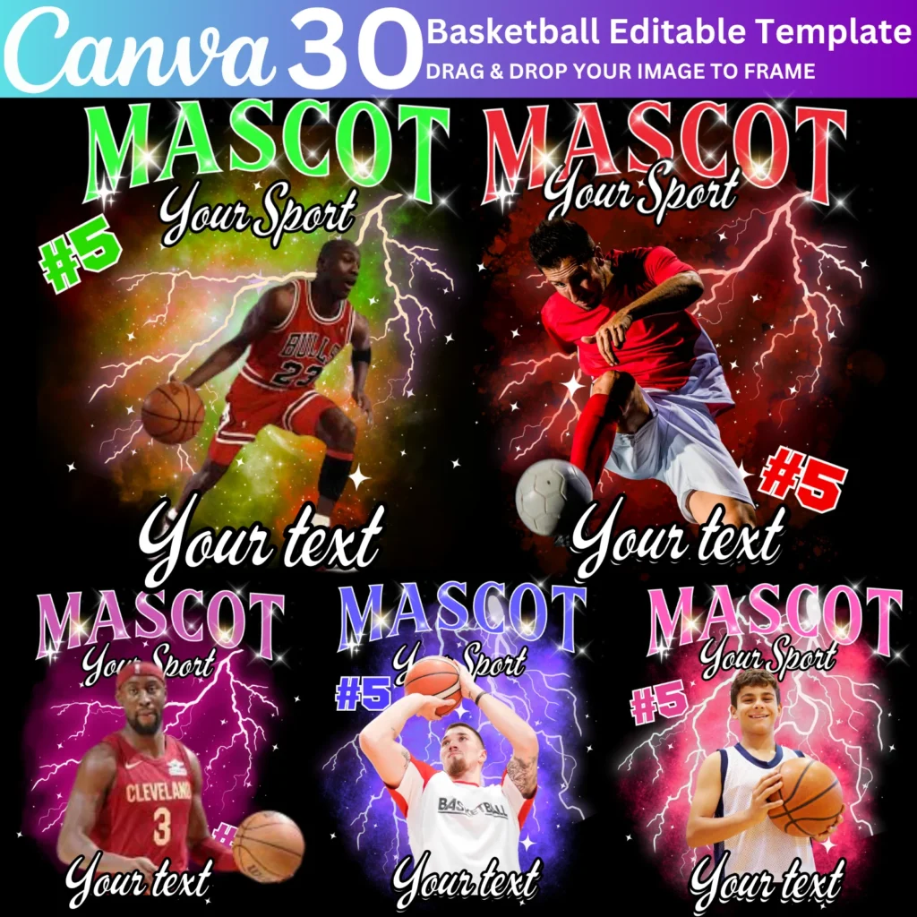 30 Basketball Bootleg Mascot Canva Editable Template, Basketball Mascot Shirt, Photo Collage Shirt,  Custom Homecoming and School Design