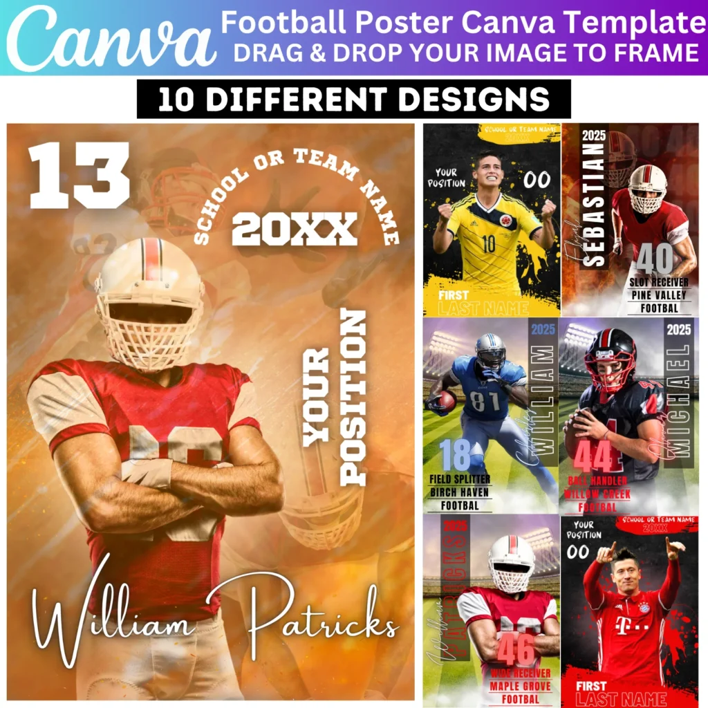10 Football Poster Canva Editable Template, Senior Night Banners, Sports Poster Canva Template, Sports Photography Templates, Instant Download