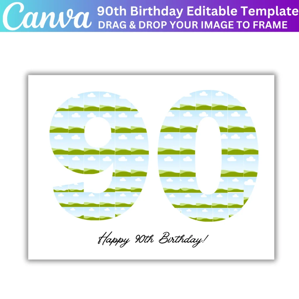 90th Birthday Photo Collage Canva Editable Template, 90 Number Birthday Collage, Personalized 90th Birthday Gift, 74 Photo Collage Frame