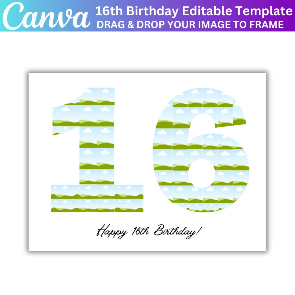 16th Birthday Photo Collage Canva Editable Template, 16 Number Birthday Collage, Personalized 16th Birthday Gift, 57 Photo Collage Frame