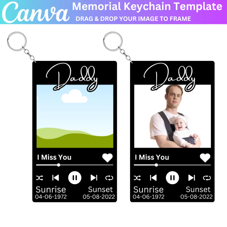 01 Editable Daddy Memorial Keychain Template, Custom Tribute, Personalized Memorial Gift, Digital Download, Heartfelt Memorial Keepsake, Custom Photo Keychain