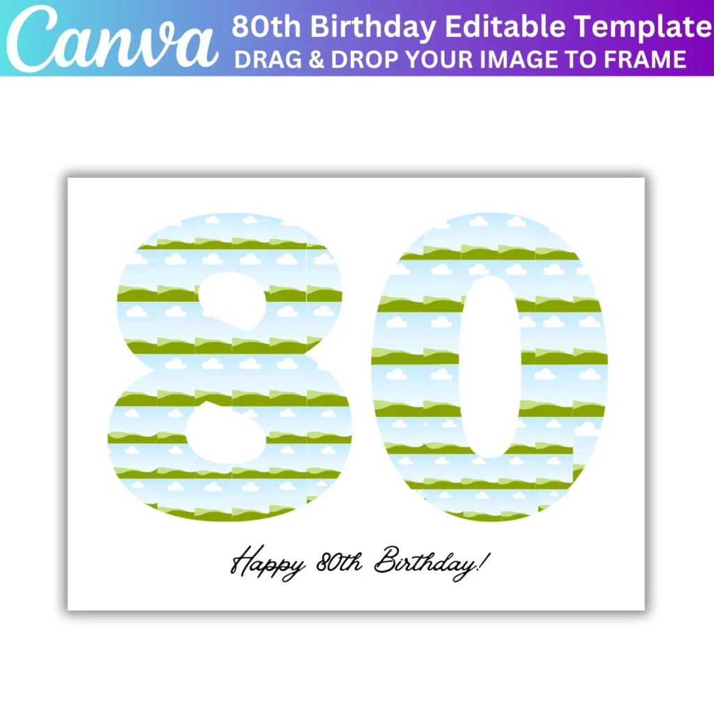 80th Birthday Photo Collage Canva Editable Template, 80 Number Birthday Collage, Personalized 80th Birthday Gift, 76 Photo Collage Frame
