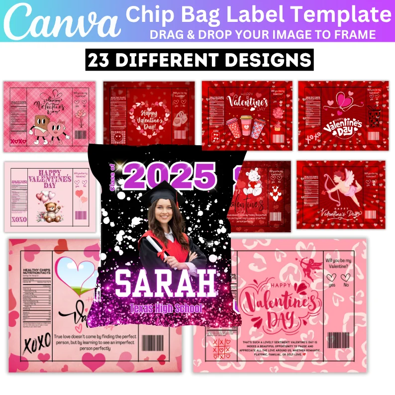 23 Chip Bag Label Canva Editable Template, Canva Chip Bag Label,  Drag Your Own Image, Couple Gift, Romantic Love Photo Collage, Funeral Photo Collage, Wedding Photo Collage