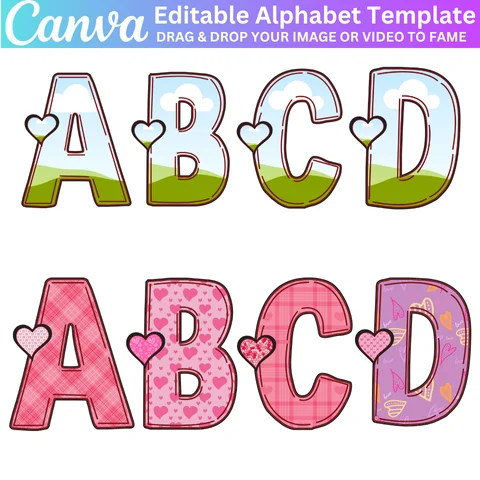 36 Valentine Day Hearts Alphabet Canva Editable Template, Canva Alphabet Hearts Font, Canva Frame Template, Add Your Own Pattern, Cute love Custom Letter