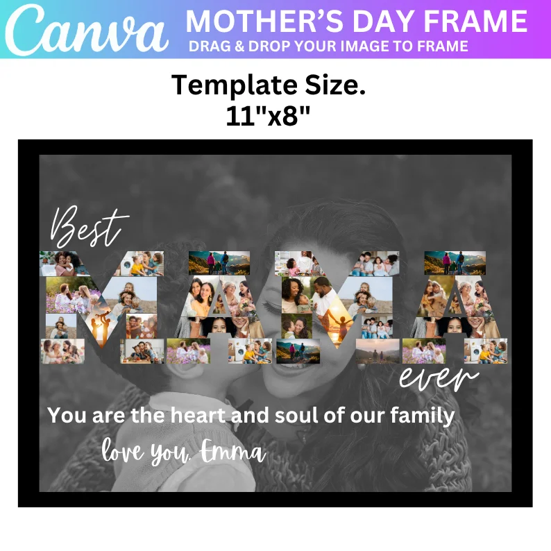 03 Mom Photo Collage, Mommy Canva Frame Template, Mother Day Gift, Mommy Photo Frame, Drag and Drop, Best Mom in the World, Edit In Canva,Pdf