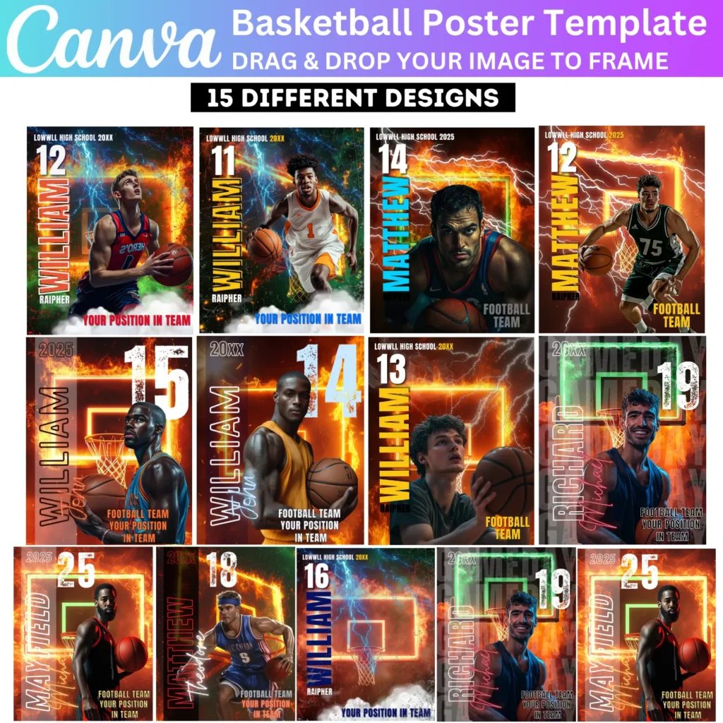 11 Basketball Poster Canva Editable Template, Sports Photography Templates, Basketball Senior Night Banners, Sports Poster Canva Template
