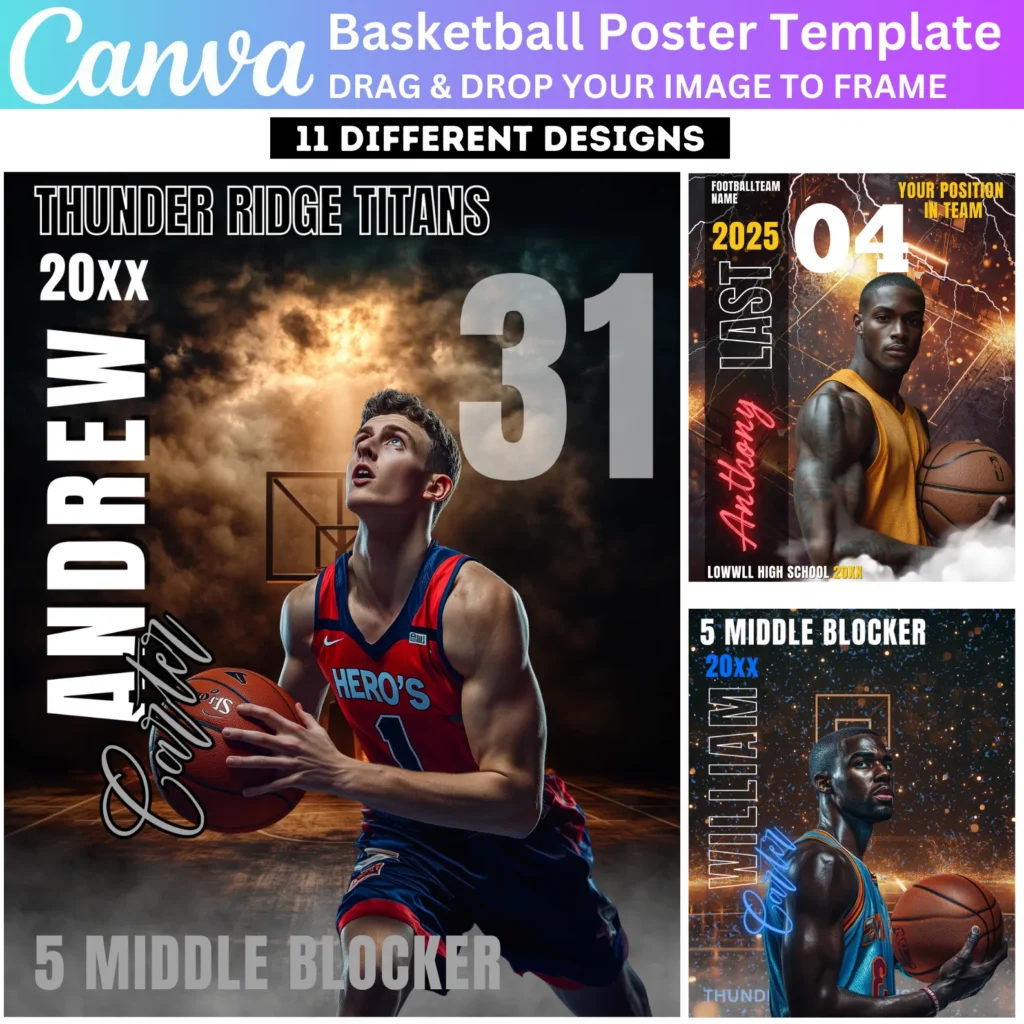 11 Basketball Poster Canva Editable Template, Sports Photography Templates, Basketball Senior Night Banners, Sports Poster Canva Template