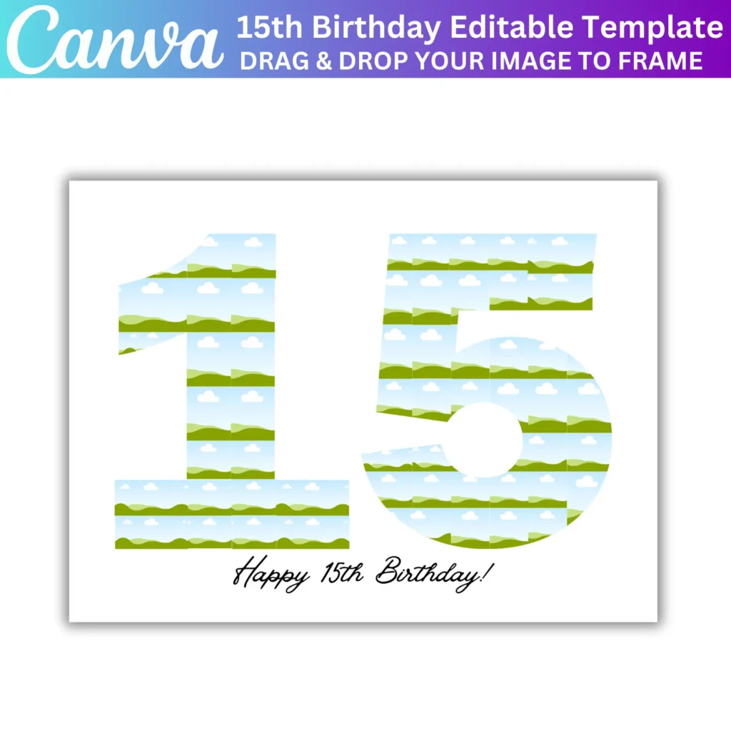 15th Birthday Photo Collage Canva Editable Template, Personalized 15th Birthday Gift, 15 Number Birthday Collage, 57 Photo Collage Frame