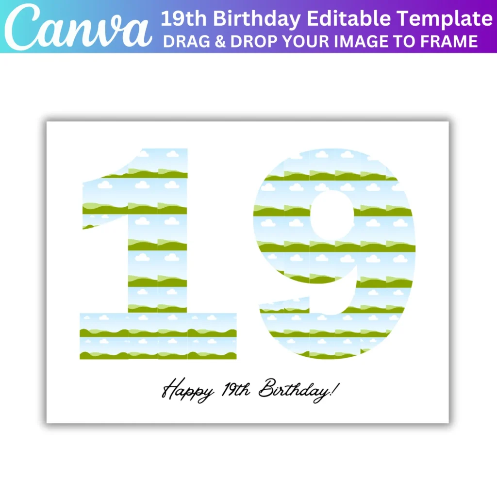 19th Birthday Photo Collage Canva Editable Template, Personalized 19th Birthday Gift, 19 Number Birthday Collage, 60 Photo Collage Frame