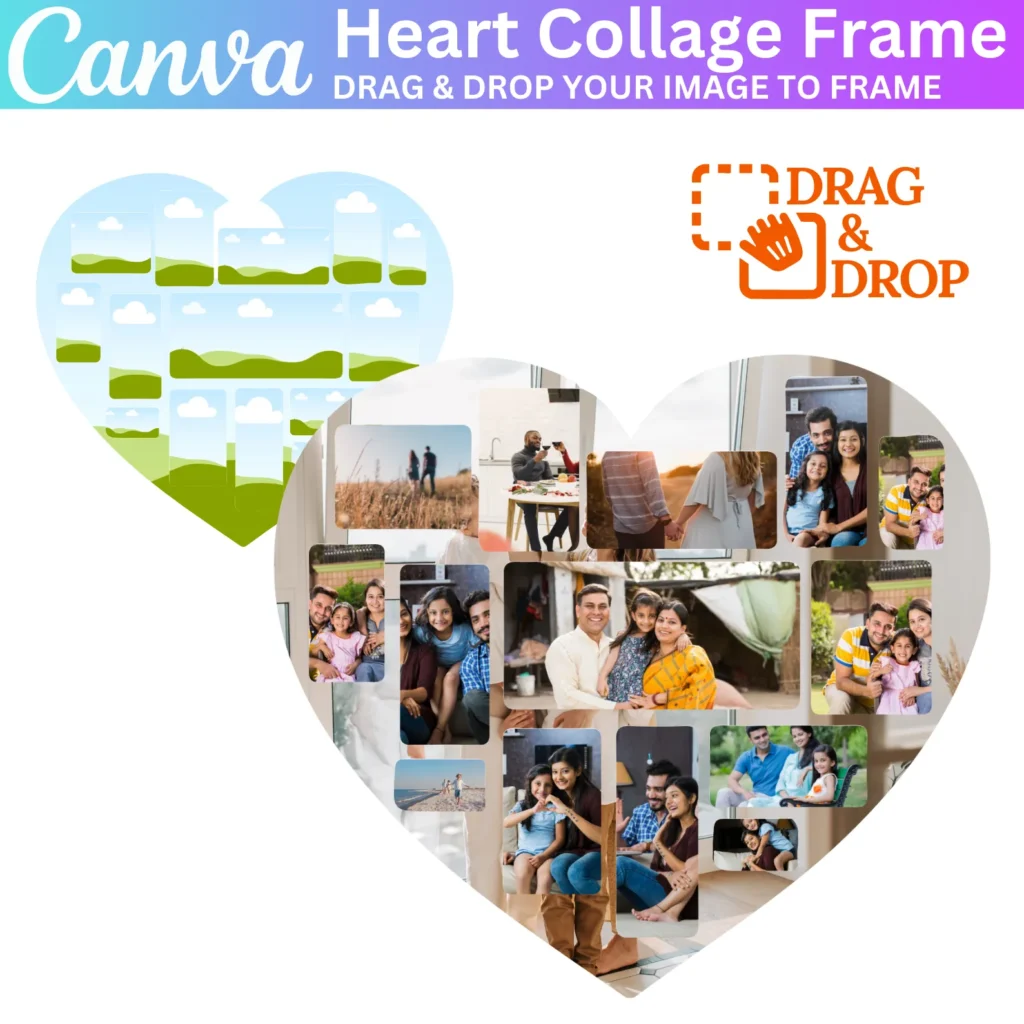 Canva Heart Photo Collage Editable Template, Valentine's Day, Canva Love Frames,  Drag Your Own Image, Couple Gift, Romantic Love Photo Collage, Funeral Photo Collage, Wedding Photo Collage