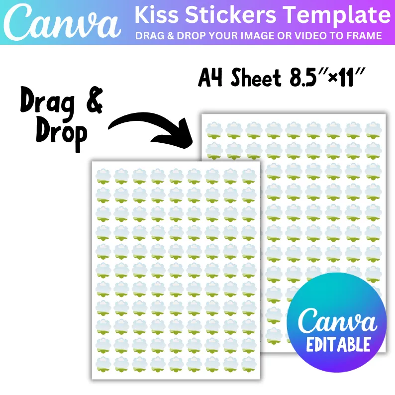 Kiss Sticker Template,Diy Packaging Template, Party template, Editable sticker template, mini kiss wrapper, Canva editable