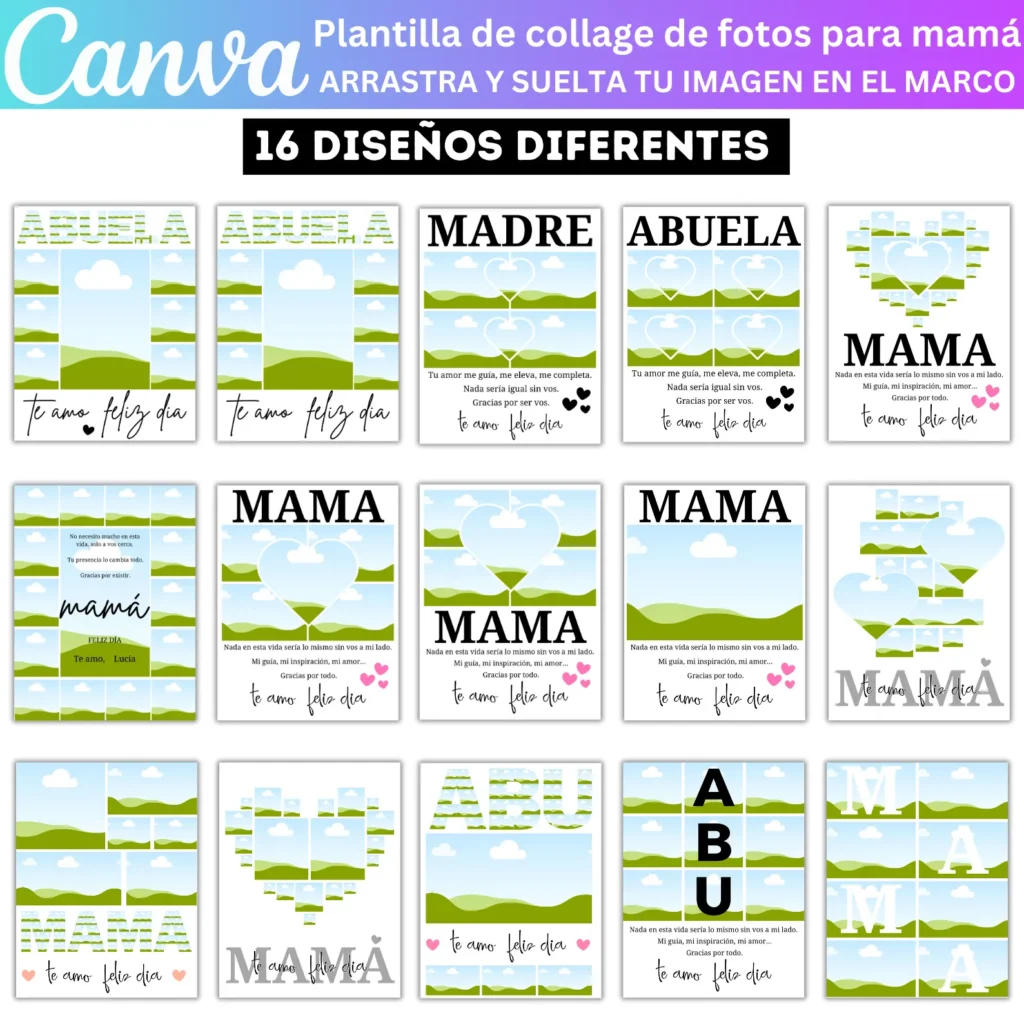 16 Plantilla editable de collage de fotos para mamá en Canva, regalos sentimentales y personalizados para el Día de la Madre, marco editable in english