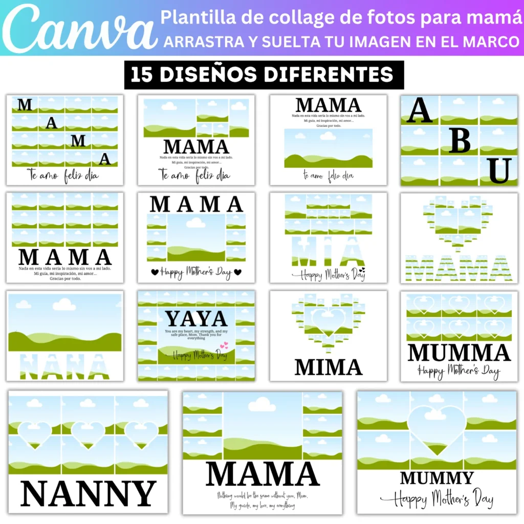 15 Plantilla editable de collage de fotos para mamá en Canva, regalos sentimentales y personalizados para el Día de la Madre, marco editable