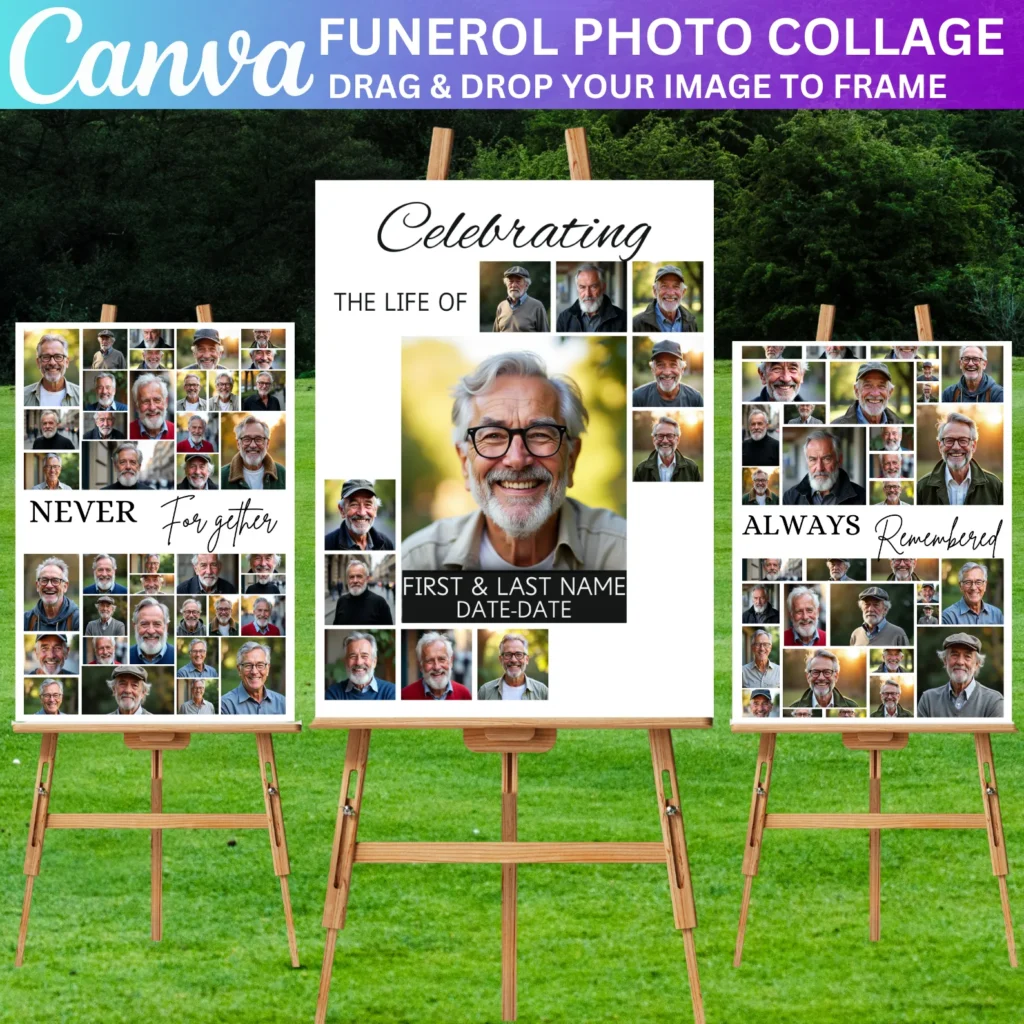 Funeral Photo Collage Sign Set Template, Memorial Poster Size, Celebration of Life, In Loving Memory, Funeral Welcome Sign Template Digital