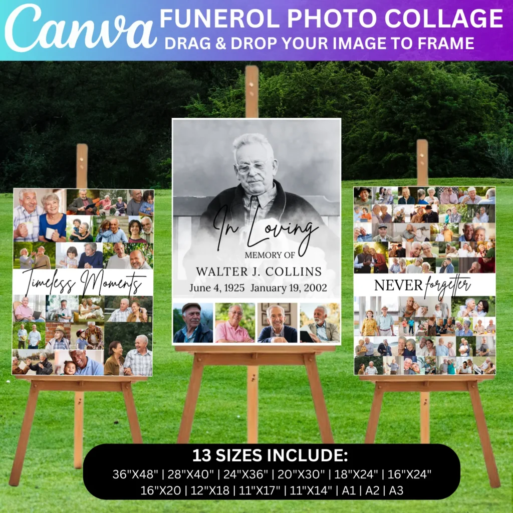 60+ Funeral Photo Collage Canva Template, Funeral Welcome Sign Template, Memorial Display Sign Celebration of Life Poster, 26 Layout 13 Sizes
