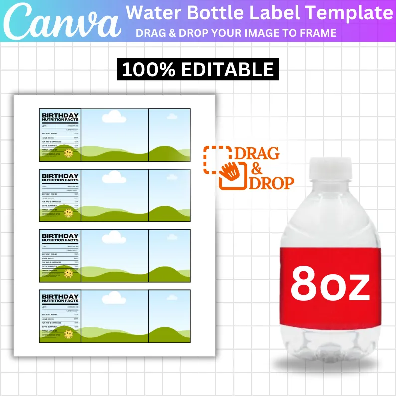 8oz Water Bottle Template, Water Bottle Label Template, DIY Label Template, Canva Editable Designs, 8oz Water Bottle Blank Template