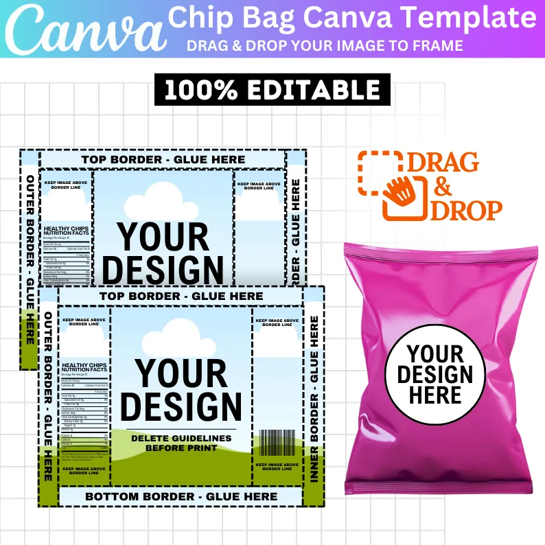 Chip Bag Template, Chip Bag Label, Chip Bag Editable, Printable Party Favor, Customizable, Canva Editable, Diy Packaging Template