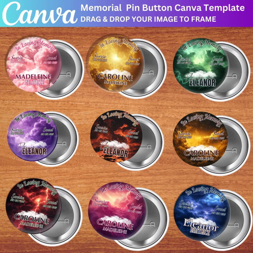 11 In Loving Memory Pin Button Canva Editable Templates, Memorial Pin Button Canva Designs, Funeral Button Favors, RIP PNG Templates