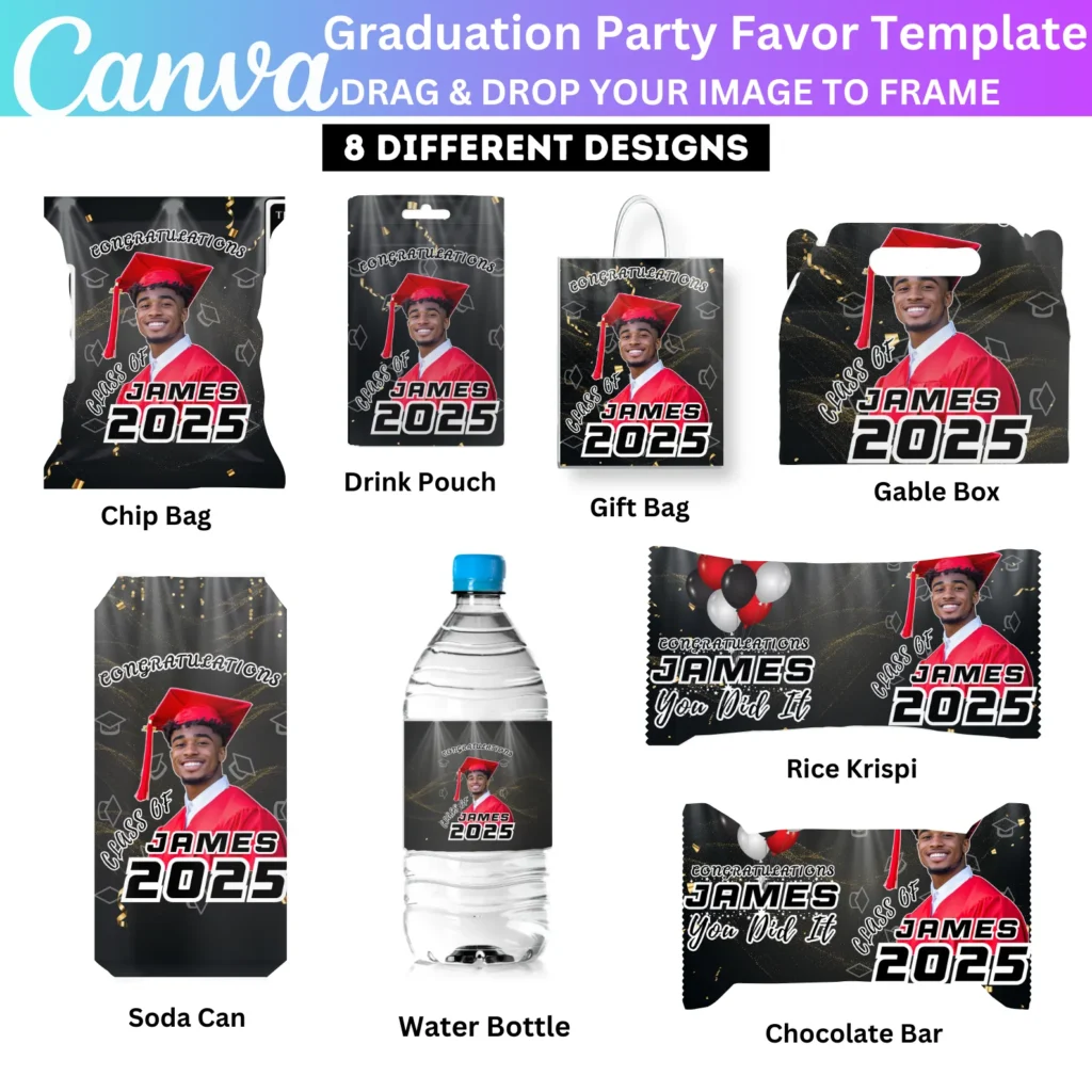 08 Graduation Party Favor Canva Editable Template, Black Grad Treat Bag Designs, Custom Water Labels, Chip Bag, Gable Box, Wrapper
