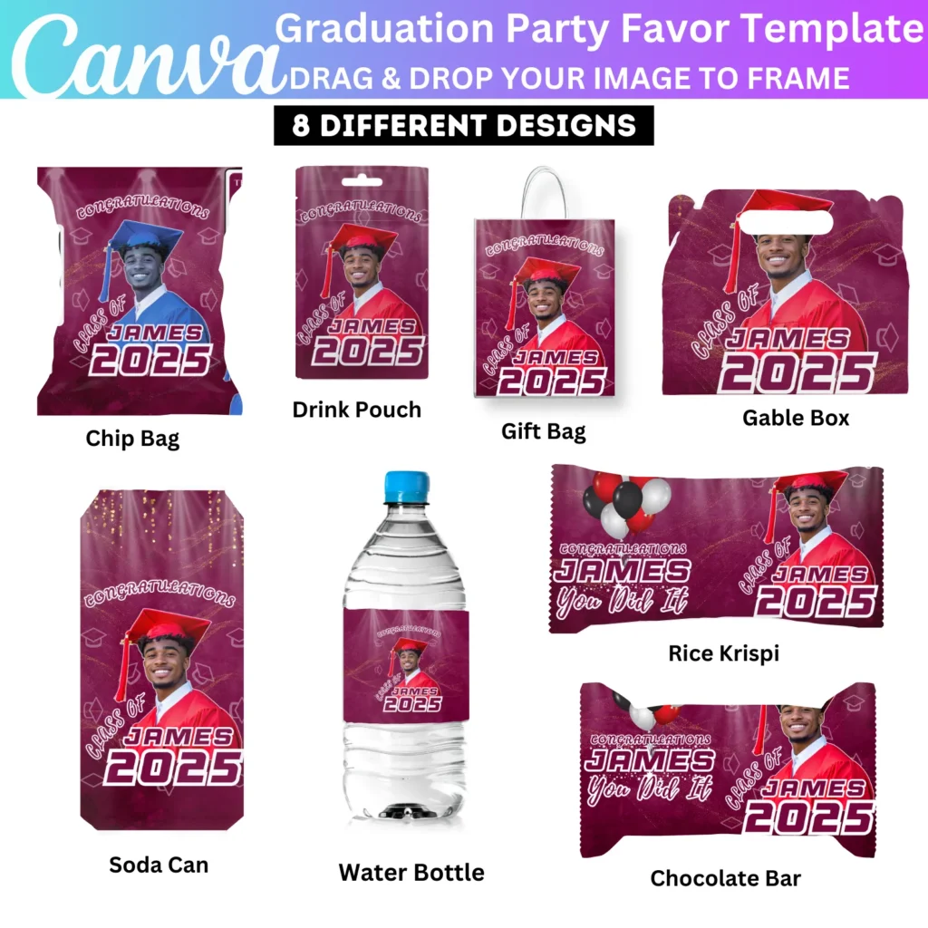08 Purple Graduation Party Favor Canva Editable Template, Grad Treat Bag Designs Bundle, Custom Water Labels, Chip Bag, Gable Box, Wrapper