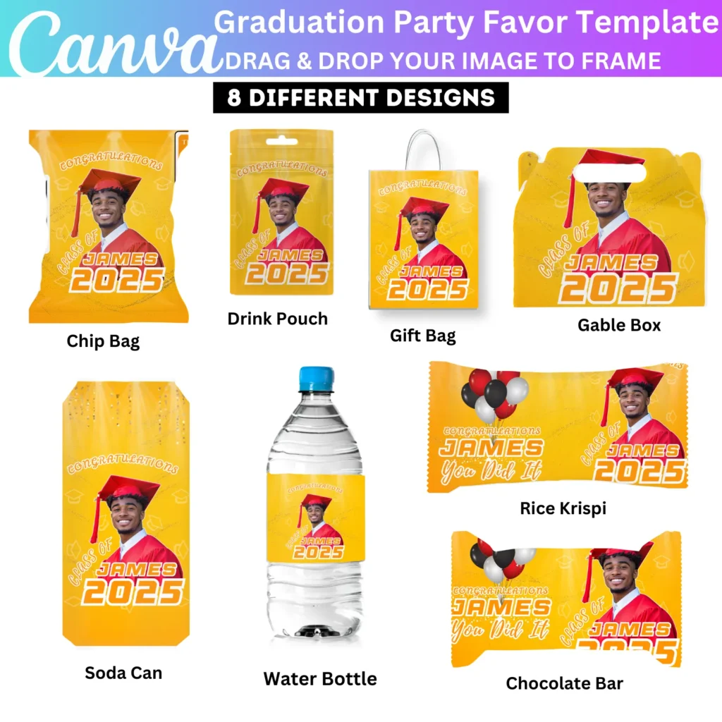08 Graduation Party Favor Canva Editable Template, Yellow Grad Treat Bag Designs, Custom Water Labels, Chip Bag, Gable Box, Wrapper Designs