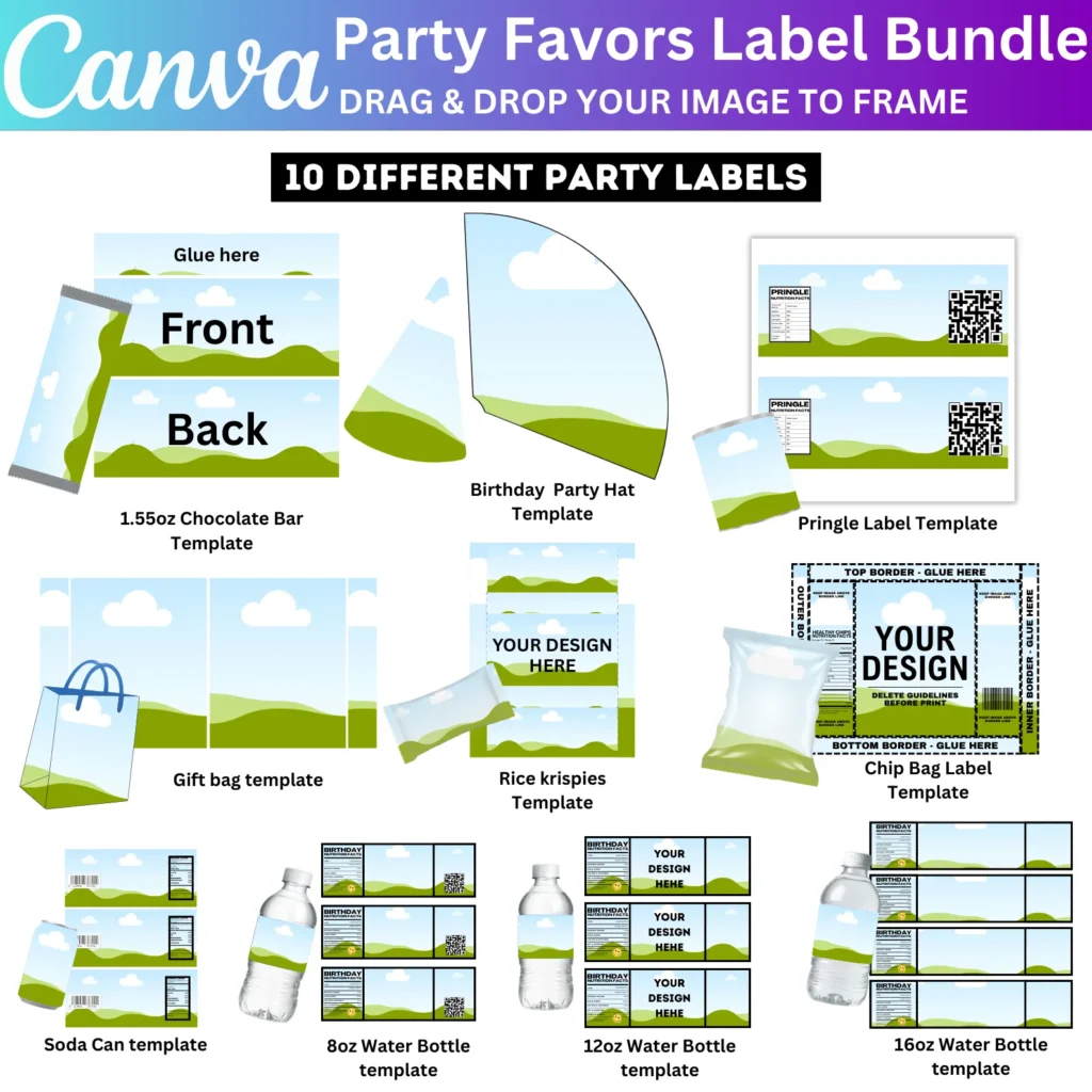 10 Party Favors Labels Canva Template Bundle, Chip Bag, Chocolate Bar Wrapper, Water Bottle Labels Editable Template, Party Favor Packaging