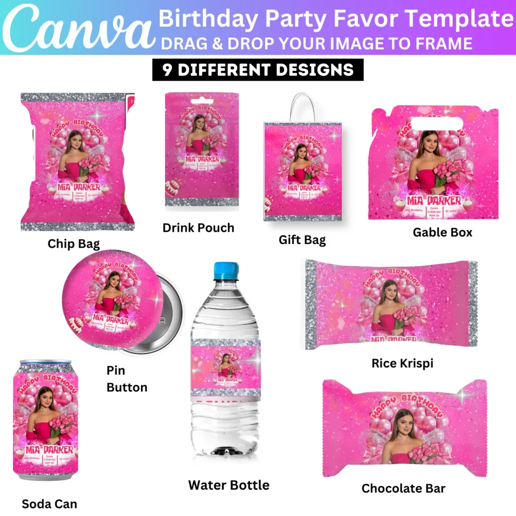 10 Birthday Party Favor Template, Pink Canva Editable Birthday Treat Bundle, Party Favor Custom Water Labels, Chip Bag Wrapper, Digitals