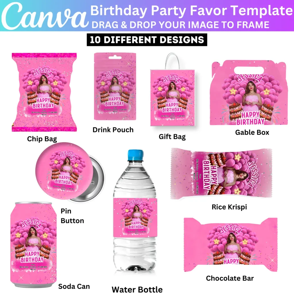10 Canva Editable Birthday Party Favor Template, Pink Birthday Treat Bundle, Party Favor Custom Water Labels, Chip Bag Wrapper, Digitals