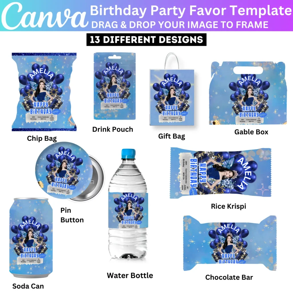 10 Canva Editable Birthday Party Favor Template, Blue Birthday Treat Party Favor Bundle, Custom Water Labels, Chip Bag Wrapper, Digitals