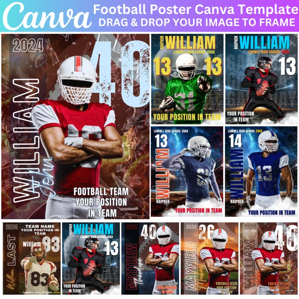10 Football Poster Canva Editable Template, Sports Background & Digital Backdrop, Sports Photography Templates, Senior Night Banners, Football