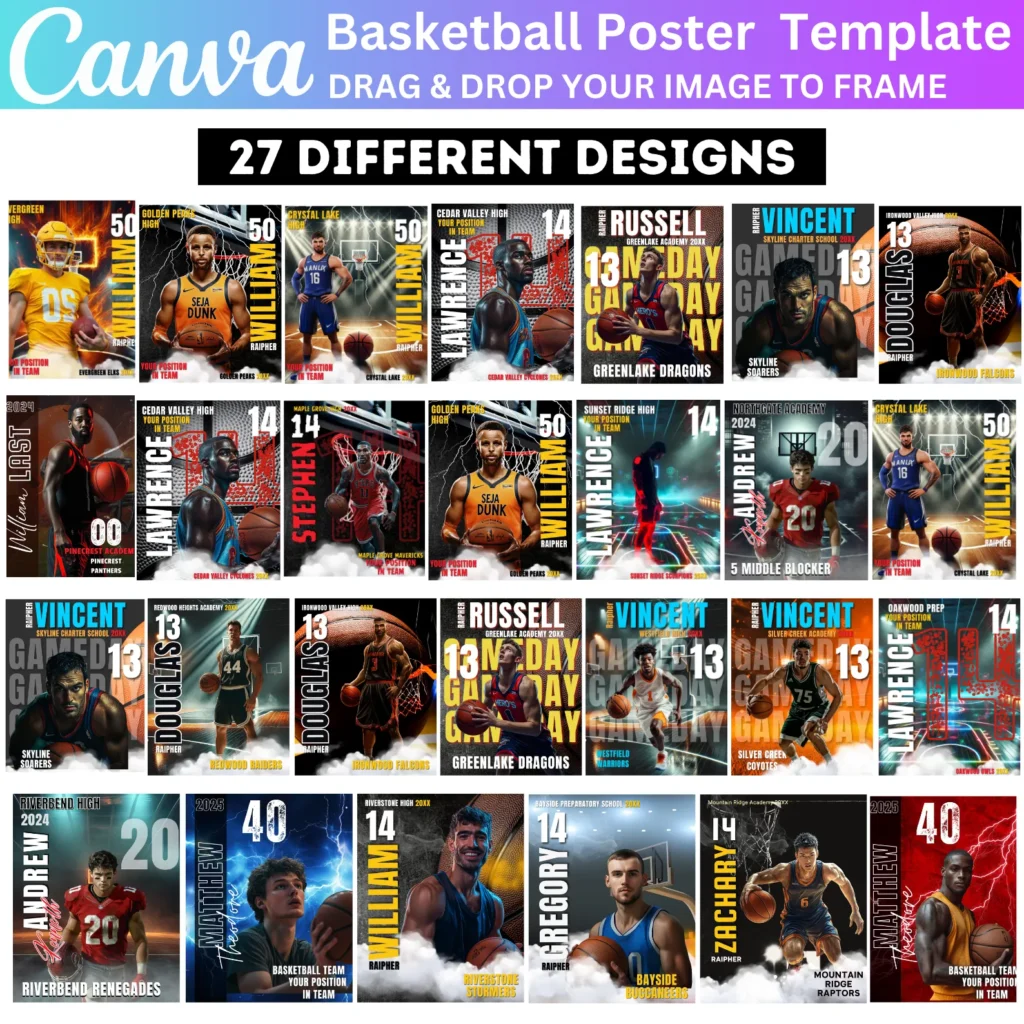 27 Basketball Poster Canva Editable Template, Sports Photography Templates, Basketball Senior Night Banners, Sports Poster Canva Template