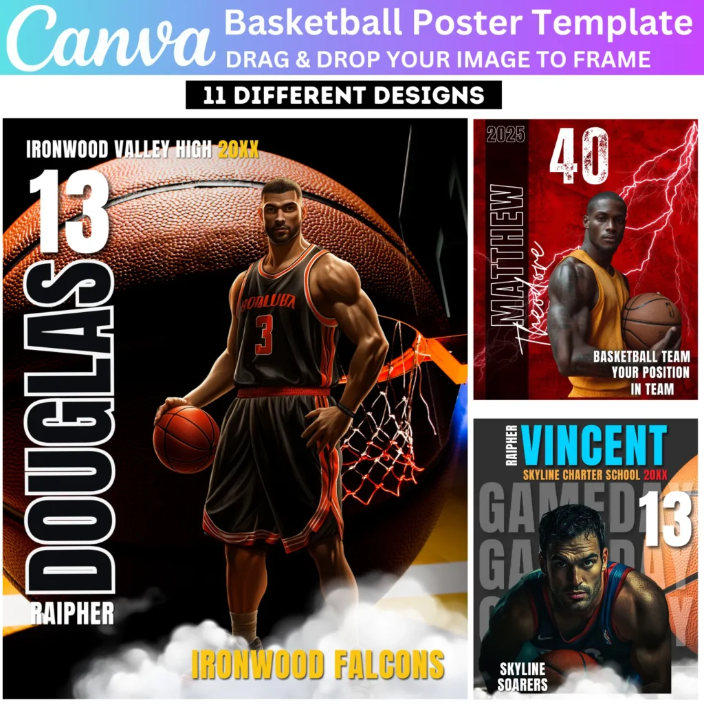 11 Basketball Poster Canva Editable Template, Sports Photography Templates, Basketball Senior Night Banners, Sports Poster Canva Template