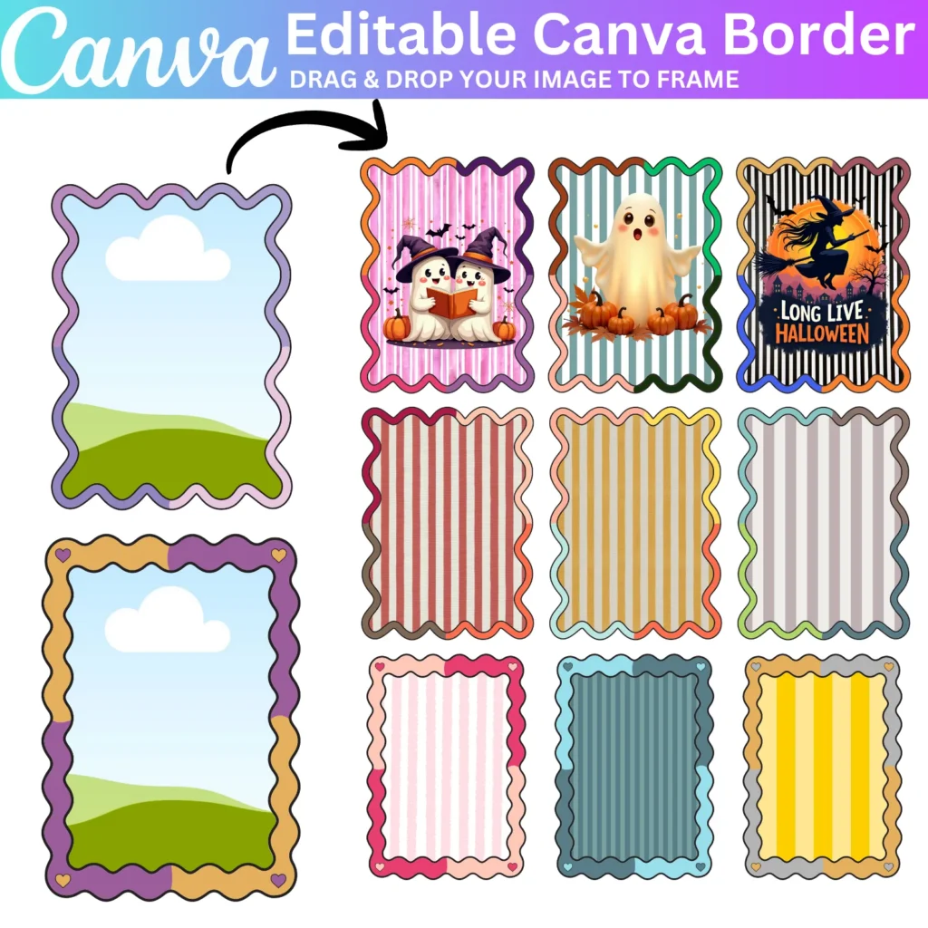 02 Editable Canva Border Frames, Halloween Custom Striped background, Squiggle Scalloped Ccanva Frames, Custom Canva Drag and Drop Frame Border
