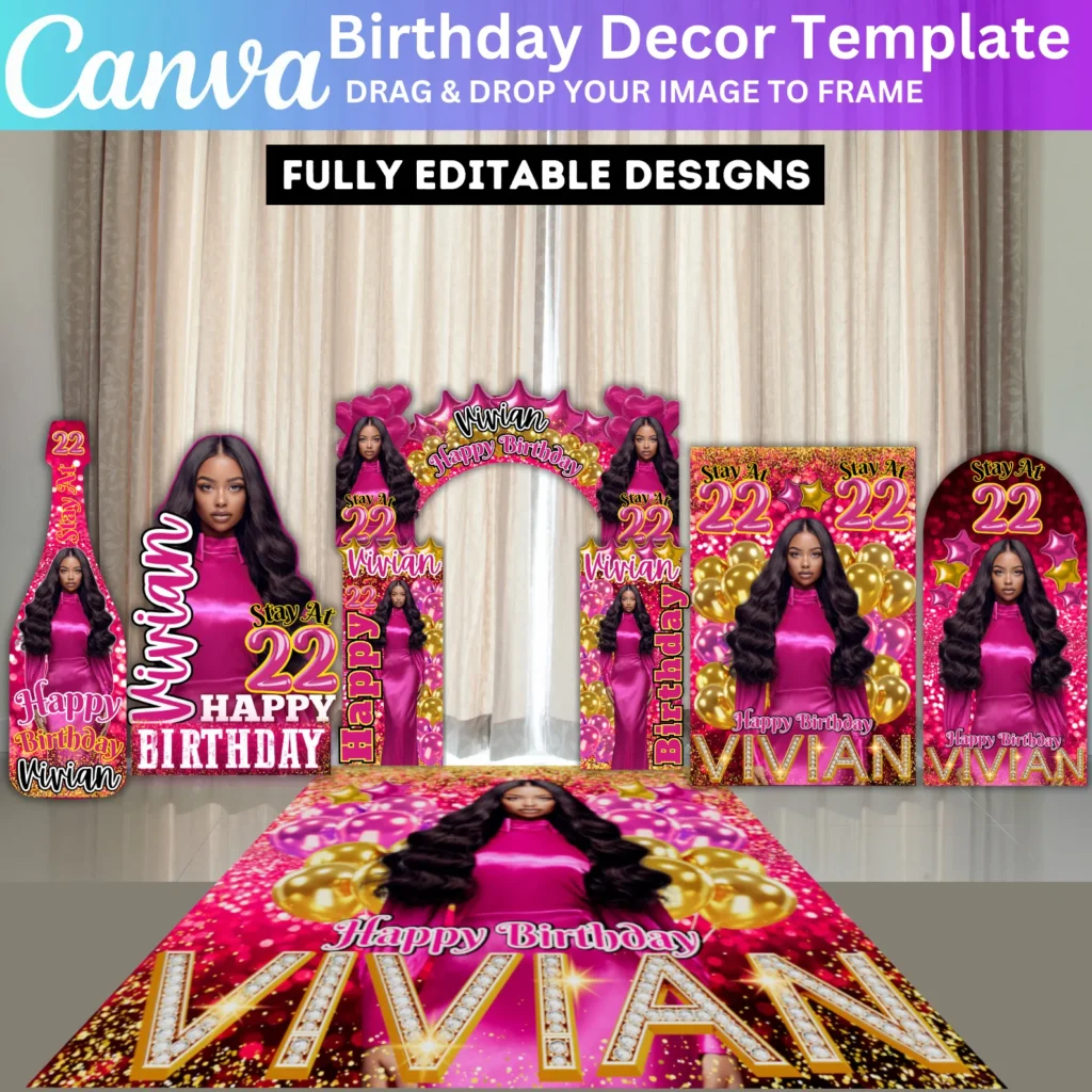 Pink Birthday Entrance Arch Bundle, Canva Editable Entrance Arch Designs, Birthday Party Canva Template, Birthday Sign Arch Backdrop Banner