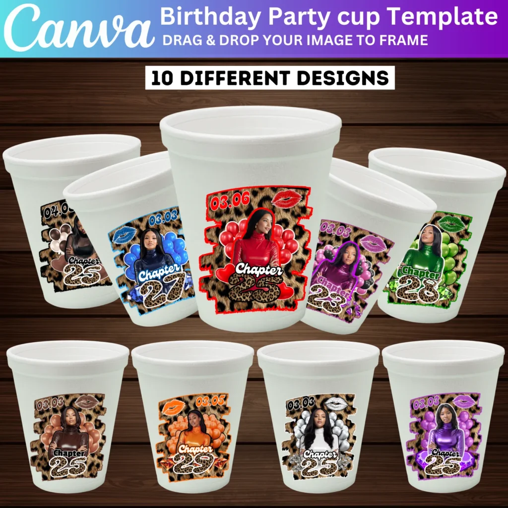 10 Birthday Party Styrofoam Cup Canva Designs Bundle, Birthday T Shirt Template, Fans, Stickers, Cheetah, Custom Cup Sticker Digital