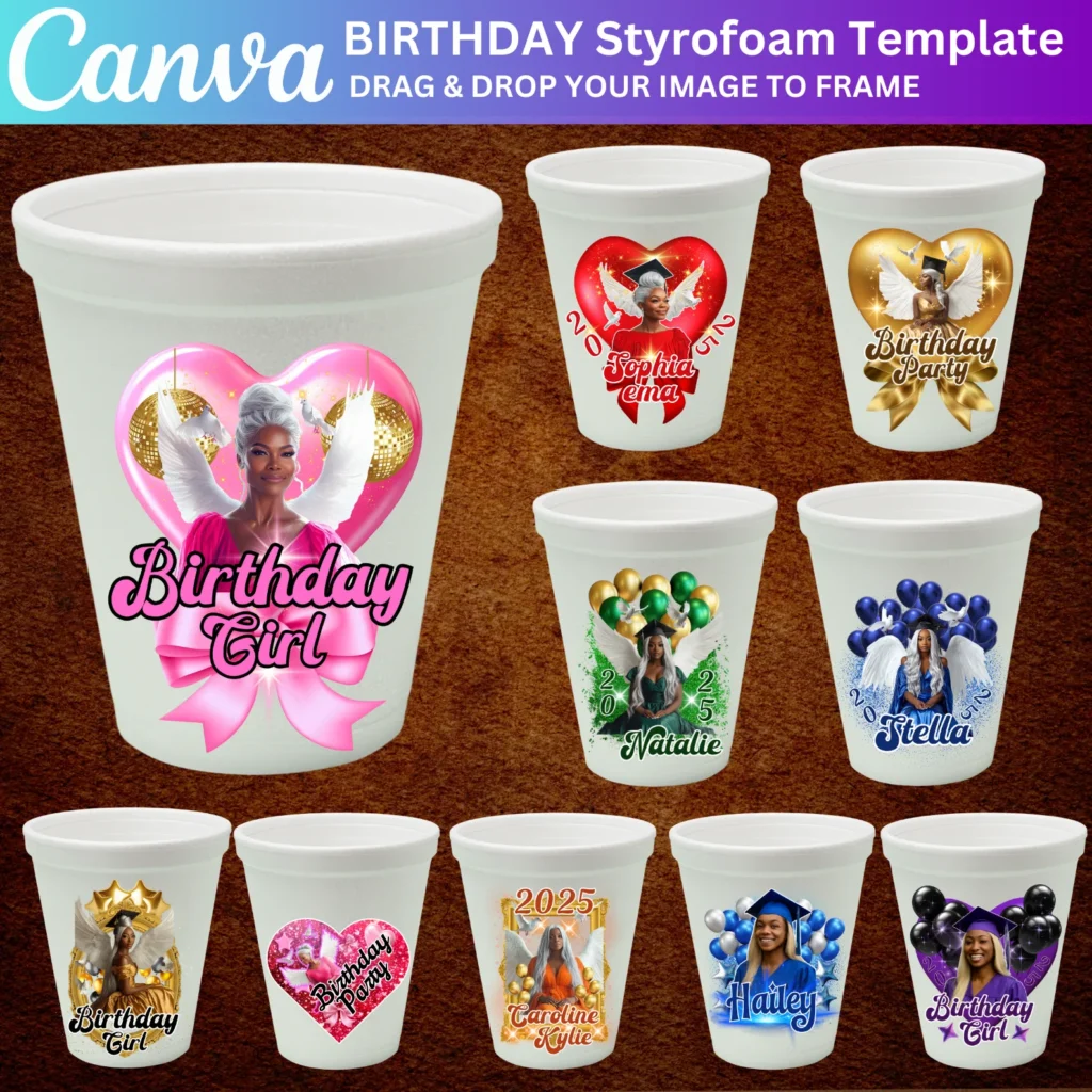 10 Editable Birthday Styrofoam Cup Template, Canva Birthday Shot Glass, Birthday Styrofoam Cup Sublimation, Birthday Shirt with Photo Template