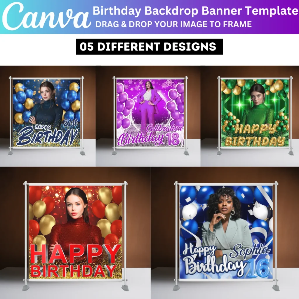05 Editable Birthday Backdrop Template, Birthday Banner Canva Template, Blue and Red Birthday Backdrop Canva Designs, Digital Downloa