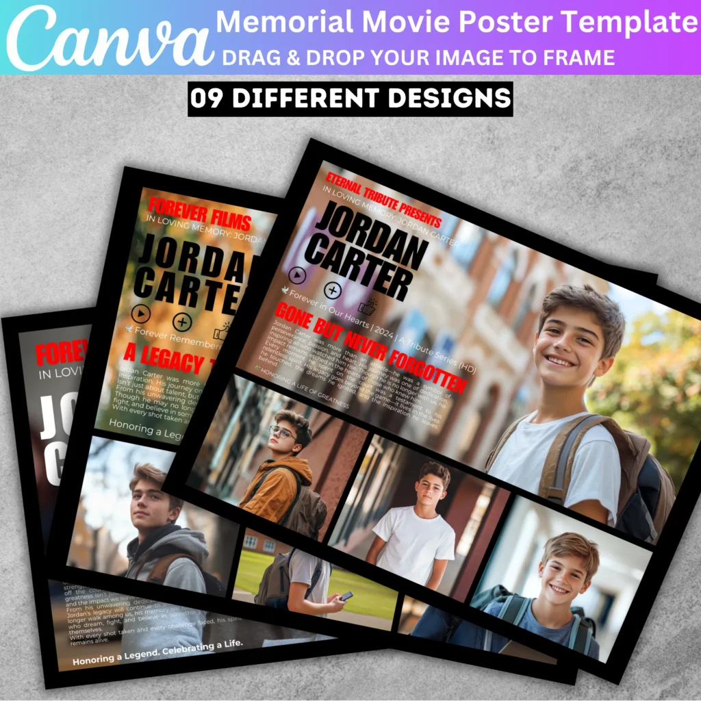 09 Memorial Movie Poster Design Canva Editable Bundle Template, Memorial Design Bundle, Funeral and Celebration of Life Canva Design Template