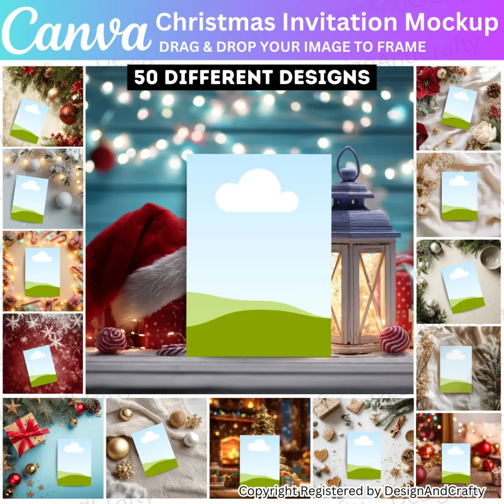 50 Christmas Invitation Mockups, Canva Editable Christmas Mockup, Christmas Party Invitations Card Bundle, Drag and Drop 5X7 Greetings Cards