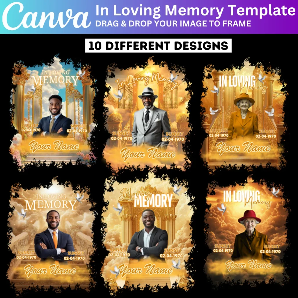 10 In Loving Memory Golden Shirt Canva Editable Template, Golden Heaven Background Shirt Designs, Canva Shirt Sublimation, Canva Memorial Shirt Template