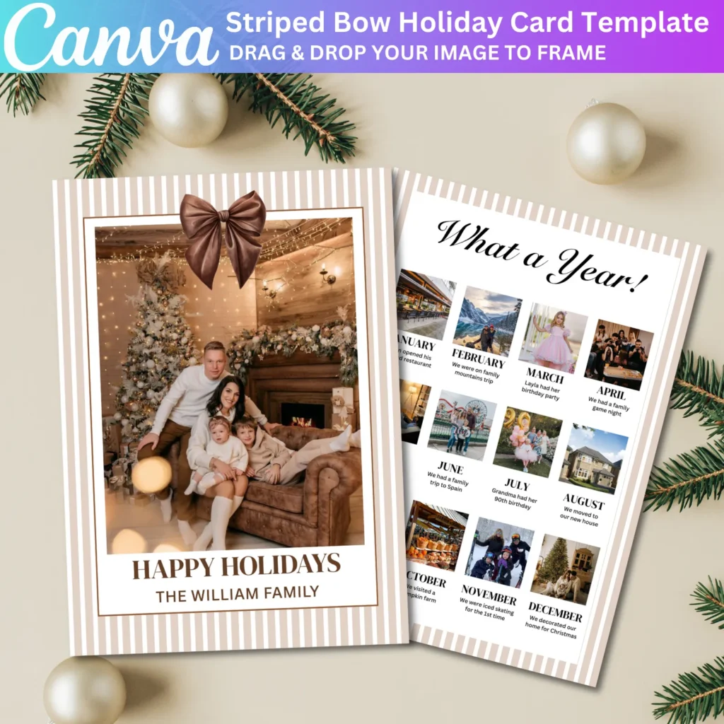 Christmas Holiday Photo Card Template, Brown Bow Stripe Family Christmas Card, Canva Editable What A Year Photo Collage, Christmas Printable
